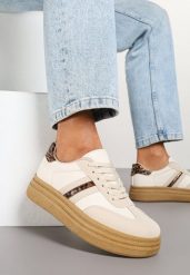 Beżowe Sneakersy Kultowe Tenisówki na Grubej Podeszwie Ozdobione Wzorem w Panterkę Gonelis. Brązowe trampki i tenisówki damskie Renee, bez wzorów, z jeansu, bez zapięcia. Za 79.99 zł.