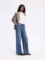 Jeansy wide leg z wysokim stanem - granatowy. Niebieskie jeansy damskie Reserved, bez wzorów, z bawełny, z podwyższonym stanem. Za 139.99 zł.