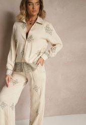 Beżowy Wiskozowy Komplet z Haftowanymi Zdobieniami Koszula i Spodnie Iffina. Brązowe koszule damskie Renee, l, z aplikacjami, z wiskozy, eleganckie, bez kołnierzyka, bez ramiączek. Za 119.99 zł.