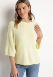 Żółty Sweter z Wełną i Krótszym Rękawem Dannalie. Żółte swetry nierozpinane damskie Born2be, uniwersalny, bez wzorów, z jeansu, eleganckie, bez kołnierzyka, bez ramiączek. Za 139.99 zł.