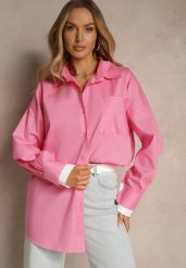 Fuksjowa Bawełniana Koszula Typu Oversize Ronmira. Czerwone koszule damskie Renee, uniwersalny, bez wzorów, z bawełny, eleganckie, bez kołnierzyka, bez ramiączek. Za 89.99 zł.