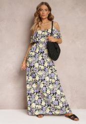 Fioletowo-Żółta Sukienka Maxi Bawełniana w Kwiaty z Falbanką Saranna. Fioletowe sukienki damskie Renee, na imprezę, l, bez wzorów, z bawełny, bez kołnierzyka, bez ramiączek, maxi, rozkloszowane. Za 59.99 zł.