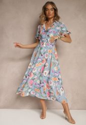 Jasnoniebieska Koszulowa Sukienka w Kwiaty o Rozkloszowanym Fasonie z Paskiem Fevalirra. Niebieskie sukienki damskie Renee, na spotkanie biznesowe, na lato, m, bez wzorów, eleganckie, bez kołnierzyka, bez ramiączek, maxi, kopertowe. Za 89.99 zł.