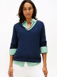 Tommy Hilfiger Sweter z dzianiny Kobiety Bawełna niebieski, XS. Niebieskie swetry nierozpinane damskie Tommy Hilfiger, xs, bez wzorów, z bawełny, eleganckie, bez kołnierzyka, bez ramiączek. Za 229.95 zł.