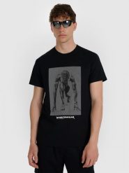 4F T-shirt regular z nadrukiem męski - czarny M. Białe t-shirty męskie 4F, m, bez wzorów, z bawełny, bez kołnierzyka, bez ramiączek. Za 59.99 zł.