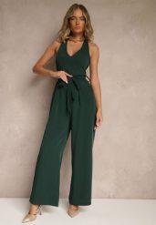 Ciemnozielony Kombinezon o Taliowanym Kroju z Dekoltem Halter i Wiązanym Paskiem Malisena. Zielone sukienki damskie Renee, na co dzień, l, bez wzorów, eleganckie, bez kołnierzyka, bez ramiączek. Za 99.99 zł.