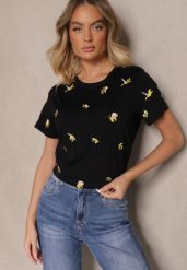 Czarny Bawełniany T-shirt z Ozdobnym Haftem Falvivi. Czarne t-shirty damskie Renee, m, bez wzorów, z bawełny, eleganckie, bez kołnierzyka, bez ramiączek. Za 69.99 zł.