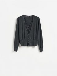 Kardigan z koronką - ciemnoszary. Szare kardigany damskie Reserved, l, bez wzorów, z dzianiny, bez kołnierzyka. Za 149.99 zł.