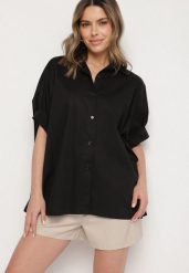 Czarna Bawełniana Koszula o Kroju Oversize Zialira. Czarne koszule damskie Born2be, bez wzorów, z bawełny, eleganckie, bez kołnierzyka, bez ramiączek. Za 89.99 zł.
