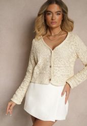 Beżowy Haftowany Kardigan z Bawełny na Guziki Sarivna. Brązowe kardigany damskie Renee, l, bez wzorów, z bawełny, bez kołnierzyka. Za 129.99 zł.
