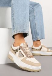 Ciemnobeżowe Sneakersy Ozdobione Brokatem Cyrkoniami i Perforacją Tillitara. Brązowe obuwie sportowe damskie Born2be, z aplikacjami, z jeansu, bez zapięcia. Za 99.99 zł.