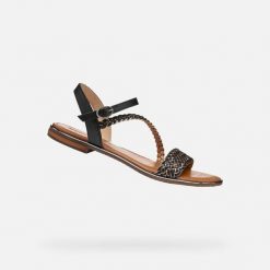 Sandały GEOX D55DQD Czarny. Czarne sandały damskie Geox, bez wzorów, ze skóry, bez obcasa, bez zapięcia. Za 332.99 zł.