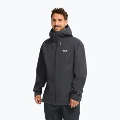 Kurtka przeciwdeszczowa męska Jack Wolfskin Rockpaw 3L. Czarne kurtki męskie Jack Wolfskin, l, bez wzorów, z materiału, bez kaptura. Za 949.99 zł.