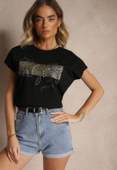 Czarny Bawełniany T-shirt z Cyrkoniami Perłami i Rękawami Nietoperz Inellira. Czarne t-shirty damskie Renee, l, z aplikacjami, z bawełny, bez kołnierzyka, bez ramiączek. Za 39.99 zł.