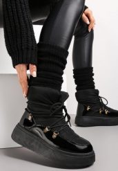 Czarne Wsuwane Śniegowce Ocieplone z Ozdobnym Wiązaniem Wokół Cholewki na Platformie Bebrra. Czarne śniegowce damskie Renee, bez zapięcia. Za 64.99 zł.