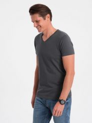 Klasyczna męska bawełniana koszulka z dekoltem w serek BASIC - grafitowa V3. Szare t-shirty męskie Ombre Clothing, m, bez wzorów, z bawełny, bez kołnierzyka, bez ramiączek. W wyprzedaży za 24.99 zł.