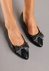Czarne Balerinki z Kokardą i Cyrkoniami Marintis. Czarne balerinki damskie Renee, bez wzorów, z jeansu, eleganckie, bez obcasa, bez zapięcia. Za 49.99 zł.