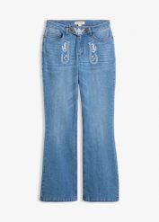 Ludowe jeansy bootcut, mid waist, z haftem. Niebieskie jeansy damskie bonprix, bez wzorów, z jeansu. Za 169.99 zł.