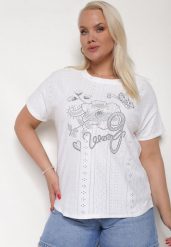 Biały Ażurowy T-shirt z Bawełną Ozdobiony Cyrkoniami Deviana. Białe t-shirty damskie Born2be, l, w ażurowe wzory, z bawełny, bez kołnierzyka, bez ramiączek. Za 34.99 zł.