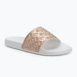Klapki EA7 Emporio Armani Water Sports All Over. Białe klapki damskie EA7 Emporio Armani, bez wzorów, z materiału, bez zapięcia. Za 254.35 zł.