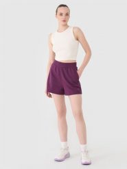 4F Spodenki dresowe damskie - fioletowe L. Fioletowe szorty damskie 4F, bez wzorów, z bawełny, sportowe. Za 59.99 zł.