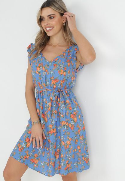 Niebieska Sukienka z Gumką w Pasie z Wiskozy w Kwiaty Chrysa. Niebieskie sukienki damskie Born2be, na imprezę, na lato, l, bez wzorów, z wiskozy, bez kołnierzyka, bez ramiączek. Za 59.99 zł.