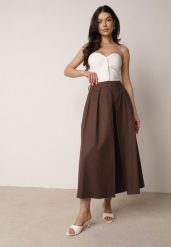 Brązowa Rozkloszowana Spódnica z Bawełny z Szerokimi Plisami Malona. Brązowe spódnice damskie Born2be, do pracy, m, bez wzorów, z bawełny, biznesowe, midi, proste. Za 119.99 zł.