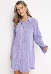 Fioletowa Plisowana Sukienka Mini o Koszulowym Kroju Unvelc. Fioletowe sukienki damskie Born2be, do pracy, bez wzorów, z jeansu, biznesowe, bez kołnierzyka, bez ramiączek, mini, koszulowe. Za 54.99 zł.