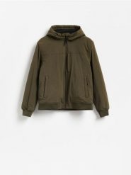 Kurtka bomber z kapturem - ciemnozielony. Zielone kurtki męskie Reserved, l, bez wzorów, z kapturem. Za 219.99 zł.