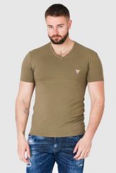 GUESS Khaki t-shirt męski w serek z elastanem, Rozmiar M. Zielone t-shirty męskie Guess, m, z aplikacjami, z elastanu, bez kołnierzyka, bez ramiączek. W wyprzedaży za 99.99 zł.