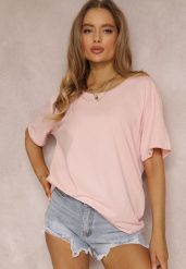 Jasnoróżowy T-shirt Eraela. Czerwone t-shirty damskie Renee, plus size, bez wzorów, z bawełny, klasyczne, bez kołnierzyka, bez ramiączek. Za 19.99 zł.