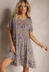 Fioletowo-Żółta Krótka Sukienka w Stylu Boho z Elastycznej Wiskozy z Krótkimi Rękawami Ailoni. Fioletowe sukienki damskie Renee, na lato, l, bez wzorów, z wiskozy, boho, bez kołnierzyka, bez ramiączek, mini. Za 39.99 zł.