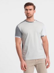 T-shirt męski z elastanem z kolorowymi rękawami - szary V4 OM-TSCT-0176 - XL. Szare t-shirty męskie Ombre Clothing, l, bez wzorów, z bawełny, bez kołnierzyka, bez ramiączek. W wyprzedaży za 39.99 zł.