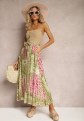Zielono-Różowa Rozkloszowana Spódnica z Wiskozy z Nieodpinanymi Ozdobnymi Guzikami Zafina. Zielone spódnice damskie Renee, na co dzień, l, bez wzorów, z wiskozy, eleganckie, midi, dopasowane. Za 44.99 zł.