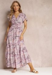 Fioletowa Wiskozowa Sukienka z Gumką w Pasie i Kopertowym Dekoltem Asima. Fioletowe sukienki damskie Renee, l, bez wzorów, z wiskozy, bez kołnierzyka, bez ramiączek, maxi, kopertowe. Za 59.99 zł.
