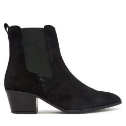 Botki Tamaris. Czarne botki damskie Tamaris, bez wzorów, bez obcasa, na słupku, bez zapięcia. Za 419.99 zł.