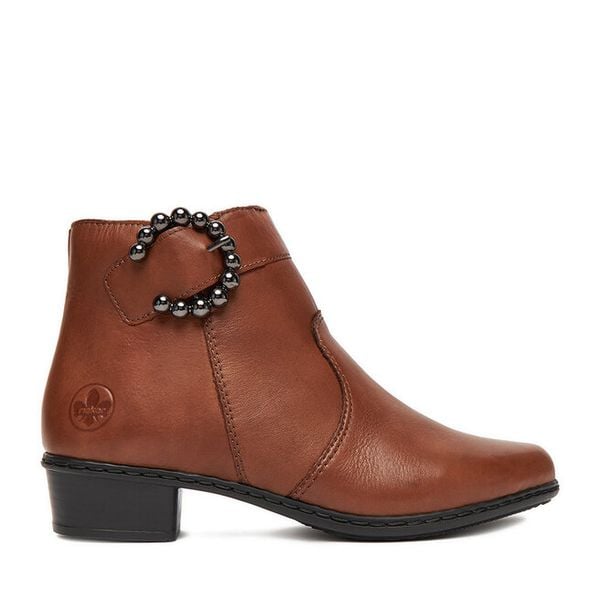 Botki Rieker. Brązowe botki damskie Rieker, bez wzorów, bez obcasa, na słupku, bez zapięcia. Za 369.99 zł.