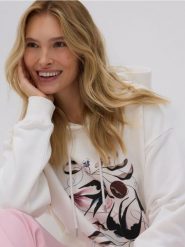 Bluza z nadrukiem - złamana biel. Bluzy damskie Reserved, l, bez wzorów, z bawełny, bez ramiączek, bez kaptura. W wyprzedaży za 79.99 zł.