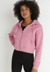 Ciemnoróżowa Bluza Zasuwana z Kapturem Albika. Czerwone bluzy damskie Born2be, l, bez wzorów, z dzianiny, bez ramiączek, z kapturem. Za 79.99 zł.