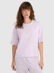 4F T-shirt oversize gładki damski - fioletowy S. Fioletowe t-shirty damskie 4F, s, bez wzorów, z bawełny, klasyczne, bez kołnierzyka, bez ramiączek. Za 59.99 zł.