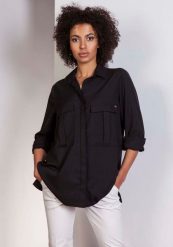 Czarna Koszula Oversize z Kieszeniami. Czarne koszule damskie Lanti, l, bez wzorów, z materiału, bez kołnierzyka, bez ramiączek. Za 188.90 zł.