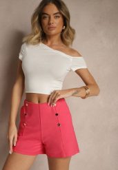 Fuksjowe Bawełniane Szorty High Waist Ozdobione Guzikami Seporiae. Czerwone szorty damskie Renee, bez wzorów, z bawełny, eleganckie, z podwyższonym stanem. Za 44.99 zł.