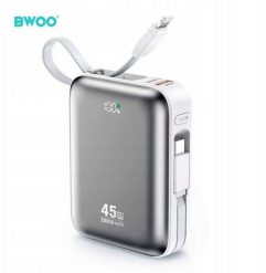 BWOO P78 powerbank 20000mAh szybkie ładowanie PD45W z 2 kablami USB-C i Lightning srebrny. Szare powerbanki NoName. Za 104.74 zł.