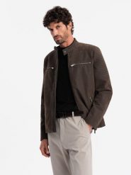 Męska kurtka biker w stylu retro ze stójką – brązowa V1 OM-JAFL-0197 - XXL. Brązowe kurtki męskie Ombre Clothing, l, bez wzorów, z materiału, retro, bez kaptura. W wyprzedaży za 269.99 zł.
