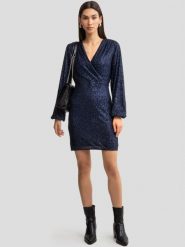 Sukienka damska mini cekinowa granatowa Loreta 403. Niebieskie sukienki damskie BIG STAR, na imprezę, l, bez wzorów, eleganckie, bez kołnierzyka, bez ramiączek, mini, dopasowane. W wyprzedaży za 119.99 zł.