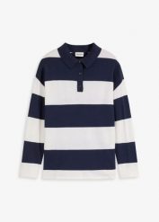 Sweter oversize z kołnierzykiem polo. Niebieskie swetry nierozpinane damskie bonprix, bez wzorów, z bawełny, bez kołnierzyka, bez ramiączek. Za 79.99 zł.
