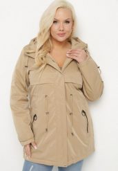 Ciemnobeżowa Kurtka Dwustronna Parka z Kapturem Lannaria. Brązowe kurtki damskie Born2be, plus size, bez wzorów, plus size, z kapturem. Za 259.99 zł.