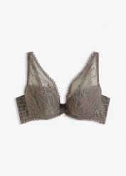 Biustonosz z usztywnianymi miseczkami z delikatnej koronki. Szare biustonosze bonprix, bez wzorów, z koronki. Za 74.99 zł.