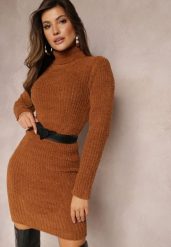 Brązowa Sweterkowa Sukienka Mini w Prążki z Wełną Klonxe. Brązowe sukienki damskie Renee, bez wzorów, z dzianiny, bez kołnierzyka, bez ramiączek, mini. Za 69.99 zł.
