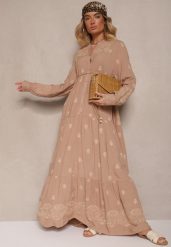 Jasnobeżowa Rozkloszowana Sukienka Ozdobiona Haftem i Wzorem Boho Ronavere. Brązowe sukienki damskie Renee, na co dzień, na lato, l, bez wzorów, boho, bez kołnierzyka, bez ramiączek, maxi, kopertowe. Za 159.99 zł.